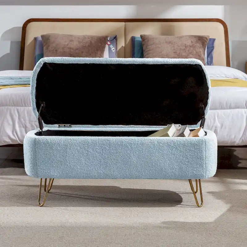 Banc de rangement ottoman rembourré en fausse fourrure avec pieds en épingle dorés Bleu ivoire