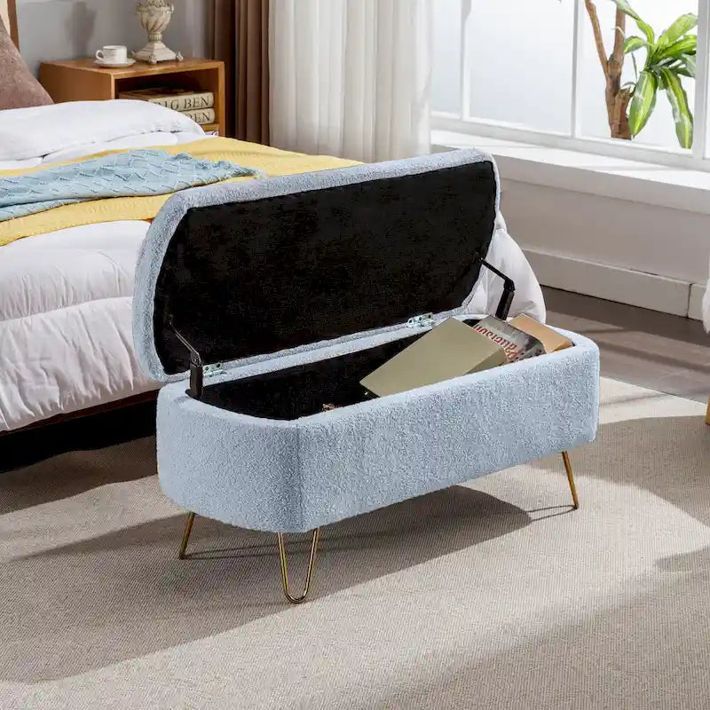 Banc de rangement ottoman rembourré en fausse fourrure avec pieds en épingle dorés Bleu ivoire