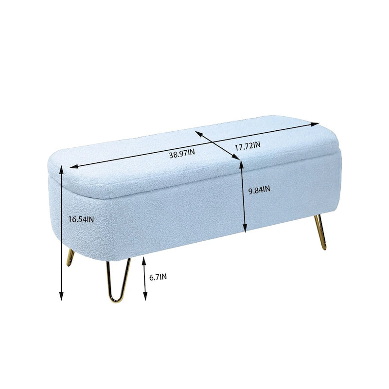 Banc de rangement ottoman rembourré en fausse fourrure avec pieds en épingle dorés Bleu ivoire