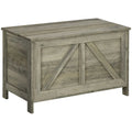 Coffre de rangement gris rustique avec couvercle relevable et charnière de sécurité, motif de porte de grange, banc d'entrée/chambre