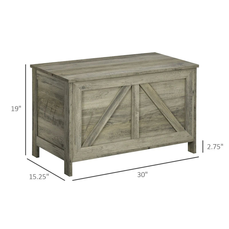 Coffre de rangement gris rustique avec couvercle relevable et charnière de sécurité, motif de porte de grange, banc d'entrée/chambre