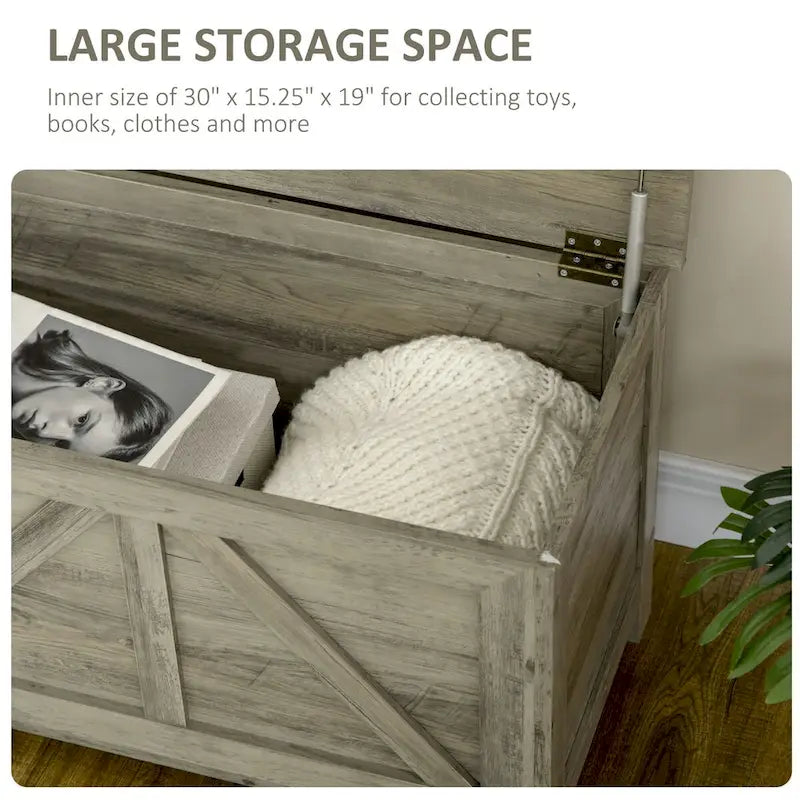 Coffre de rangement gris rustique avec couvercle relevable et charnière de sécurité, motif de porte de grange, banc d'entrée/chambre