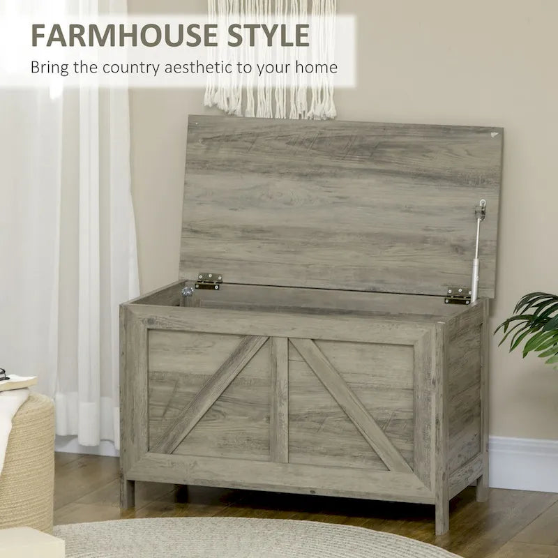 Coffre de rangement gris rustique avec couvercle relevable et charnière de sécurité, motif de porte de grange, banc d'entrée/chambre
