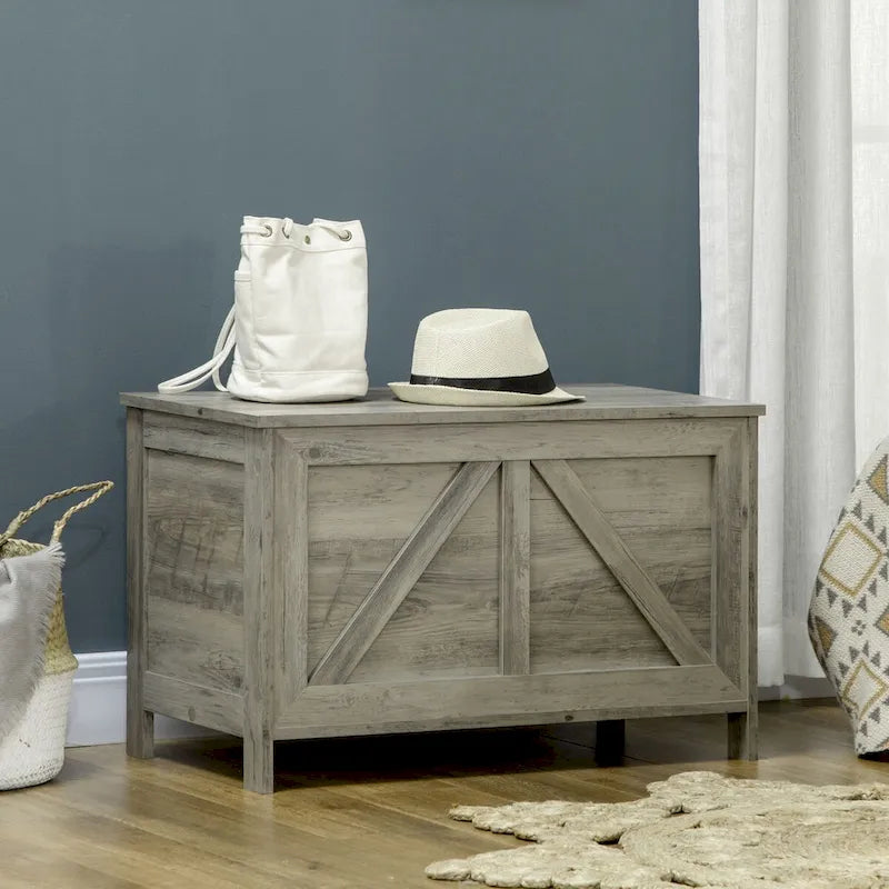 Coffre de rangement gris rustique avec couvercle relevable et charnière de sécurité, motif de porte de grange, banc d'entrée/chambre