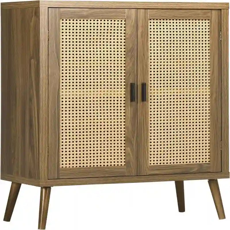 Meuble d'appoint en rotin avec portes, buffet de rangement en bois brun