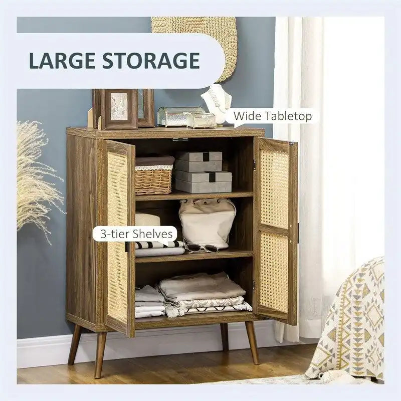 Meuble d'appoint en rotin avec portes, buffet de rangement en bois brun