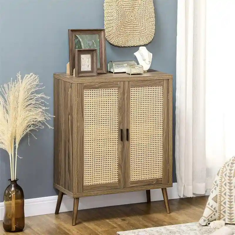 Meuble d'appoint en rotin avec portes, buffet de rangement en bois brun