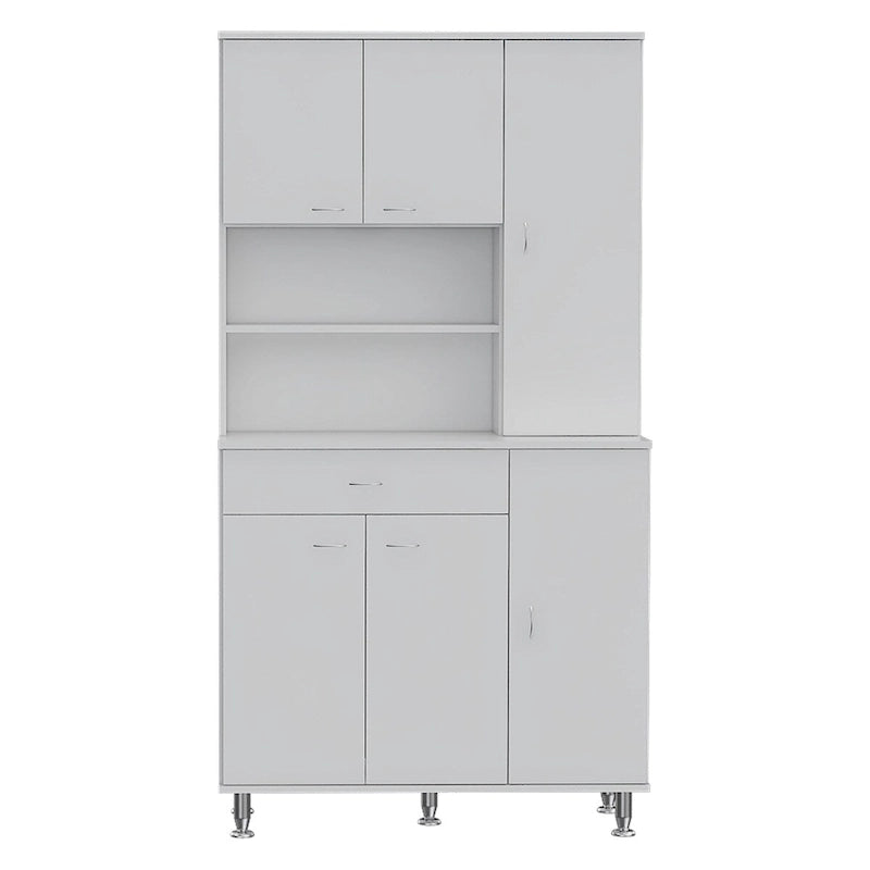 Armoire de cuisine autoportante blanche avec 6 portes, étagère ouverte et tiroir