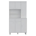 Armoire de cuisine autoportante blanche avec 6 portes, étagère ouverte et tiroir