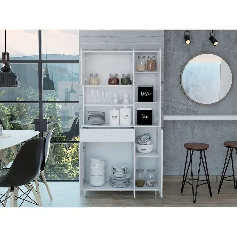 Armoire de cuisine autoportante blanche avec 6 portes, étagère ouverte et tiroir