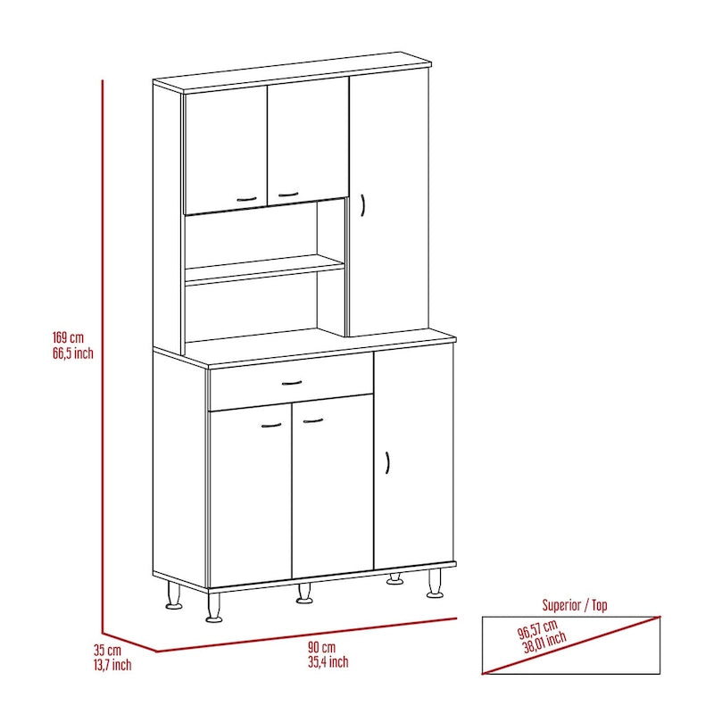 Armoire de cuisine autoportante blanche avec 6 portes, étagère ouverte et tiroir