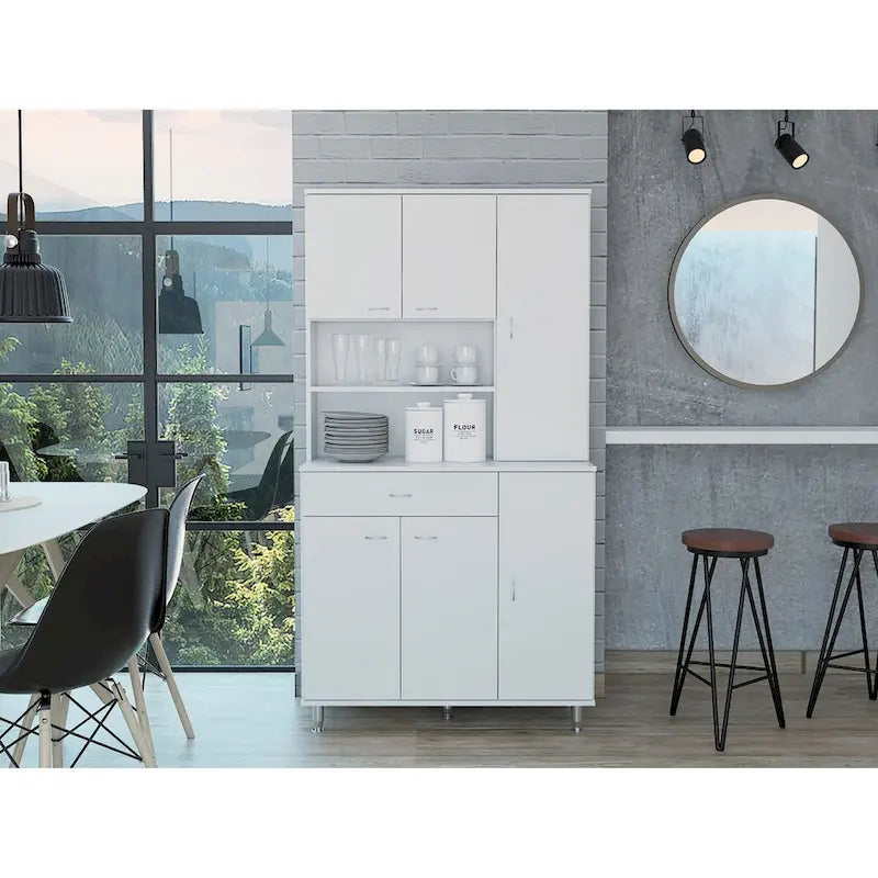 Armoire de cuisine autoportante blanche avec 6 portes, étagère ouverte et tiroir