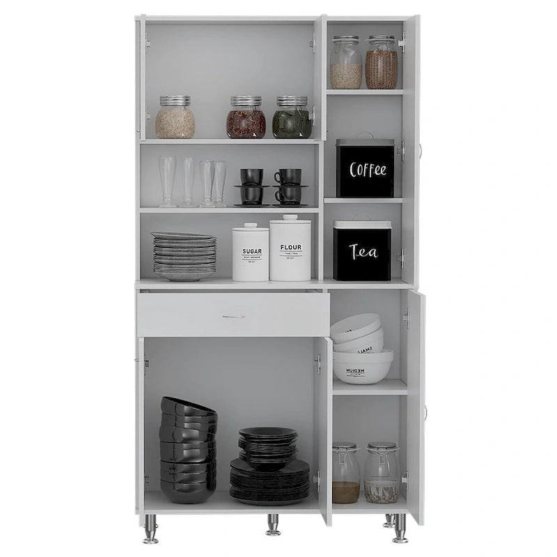 Armoire de cuisine autoportante blanche avec 6 portes, étagère ouverte et tiroir