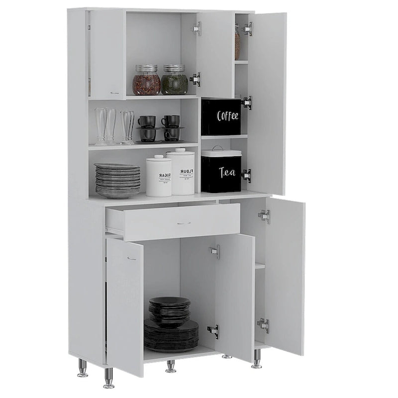 Armoire de cuisine autoportante blanche avec 6 portes, étagère ouverte et tiroir