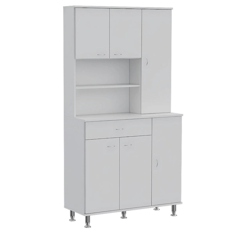 Armoire de cuisine autoportante blanche avec 6 portes, étagère ouverte et tiroir