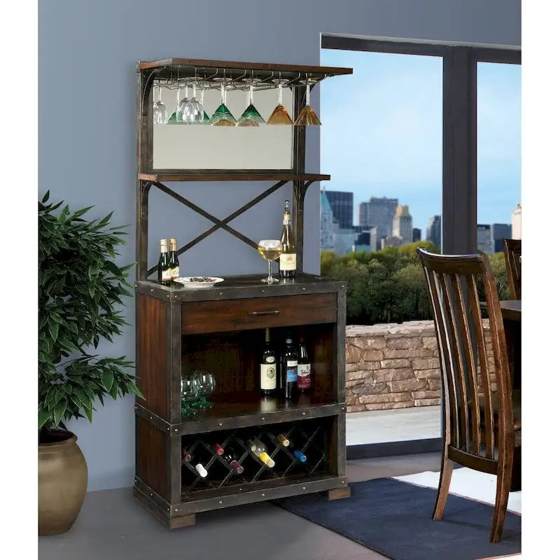 Meuble à vin rustique en bois massif marron avec porte-verres et rangement pour bouteilles