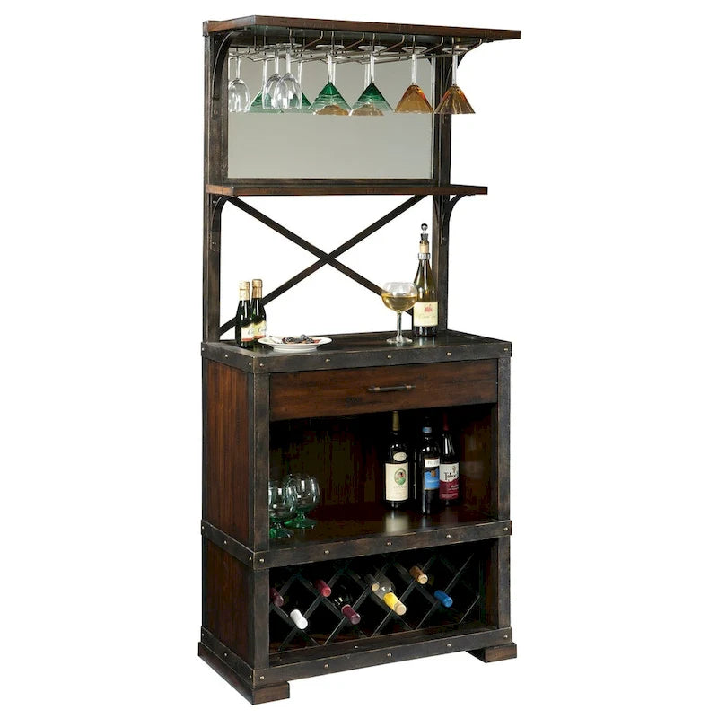 Meuble à vin rustique en bois massif marron avec porte-verres et rangement pour bouteilles