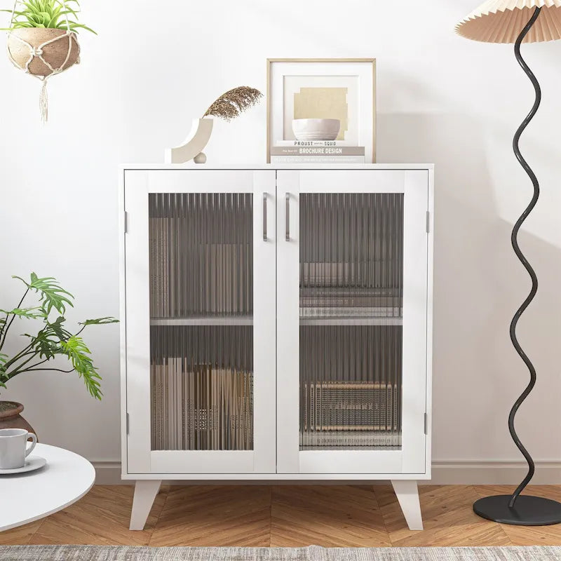 Buffet de rangement blanc double porte vitrée avec pieds en bois