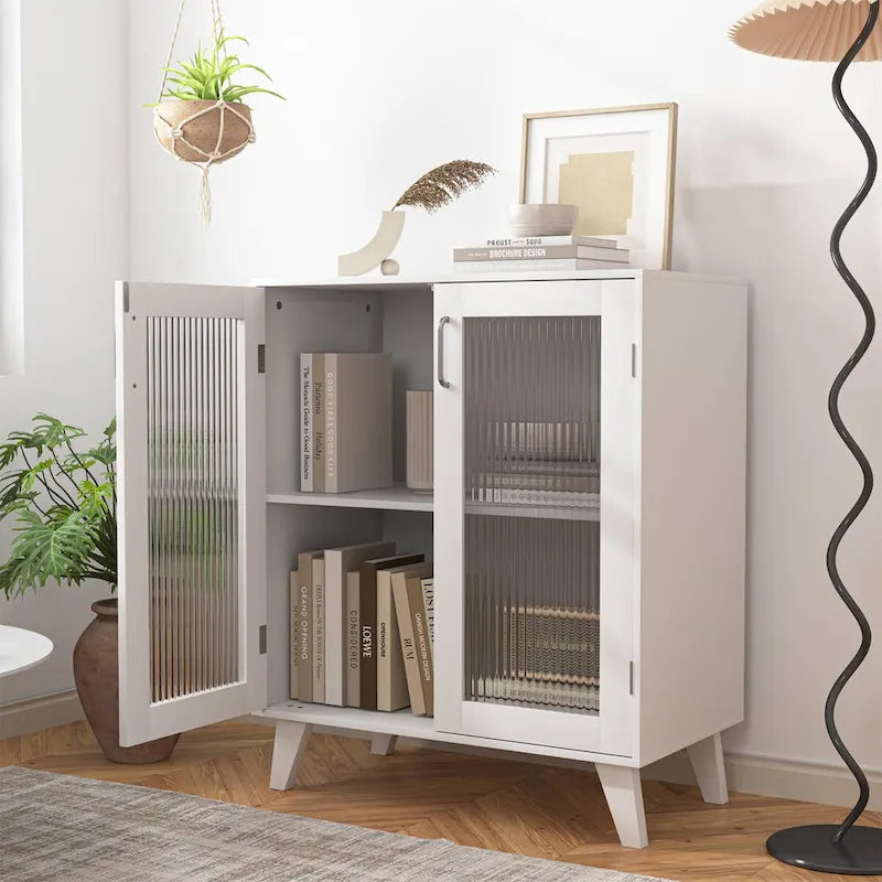 Buffet de rangement blanc double porte vitrée avec pieds en bois