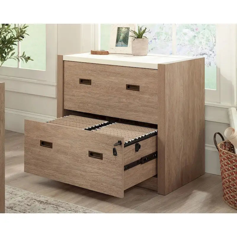 2-Drawer Lateral File Cabinet Brushed Oak Finish with Key Lock and Full Extension Slides