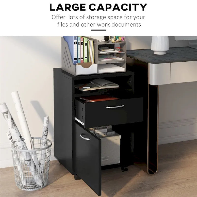 Meuble de rangement mobile sous le bureau noir avec tiroir et roulettes