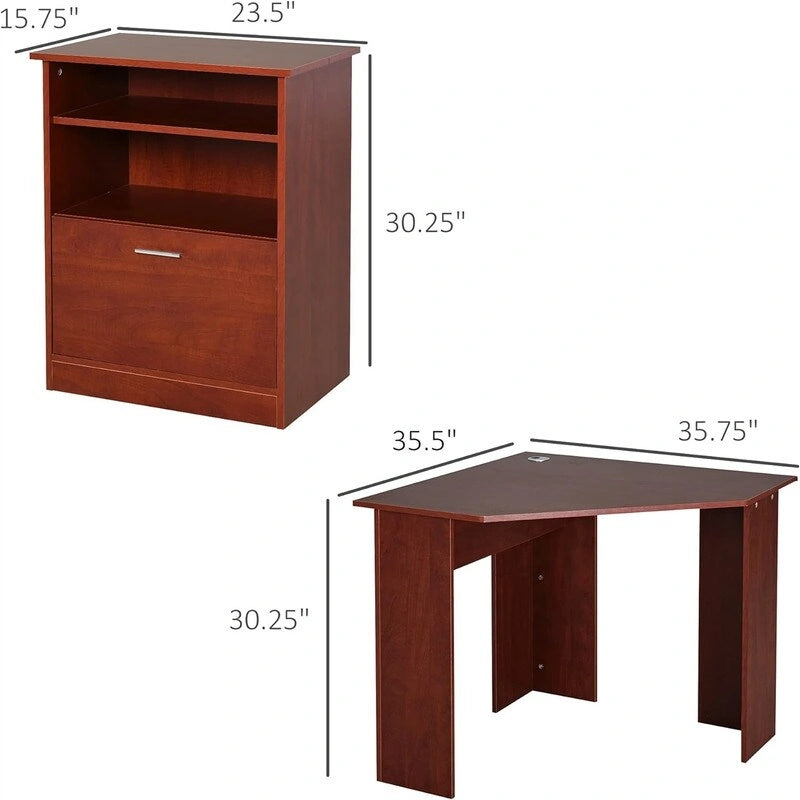 Bureau d'angle en L avec armoire de rangement en bois de cerisier