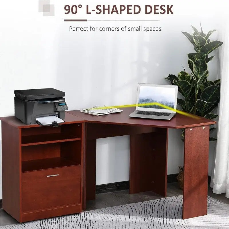 Bureau d'angle en L avec armoire de rangement en bois de cerisier