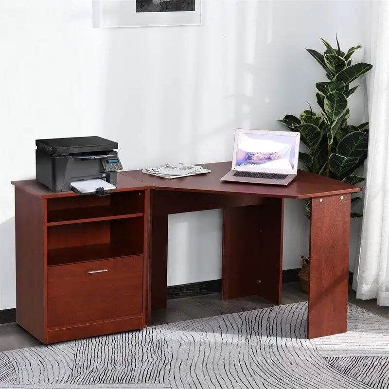 Bureau d'angle en L avec armoire de rangement en bois de cerisier