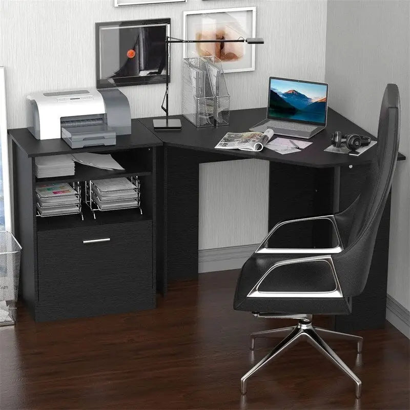 Bureau d'angle en L avec armoire de rangement en bois de cerisier