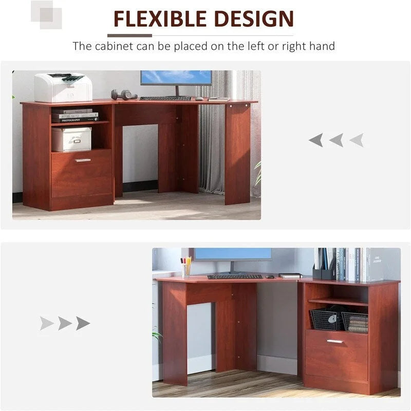 Bureau d'angle en L avec armoire de rangement en bois de cerisier