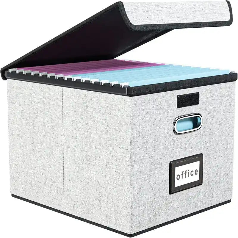 Boîte de rangement de documents en lin pliable avec rails de suspension et poignées métalliques