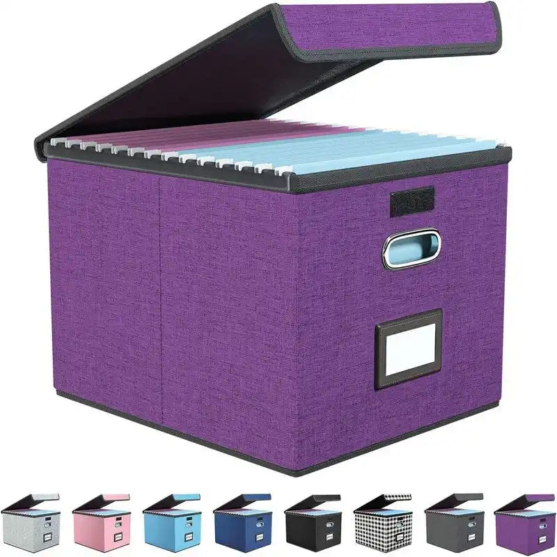 Boîte de rangement de documents en lin pliable avec rails de suspension et poignées métalliques