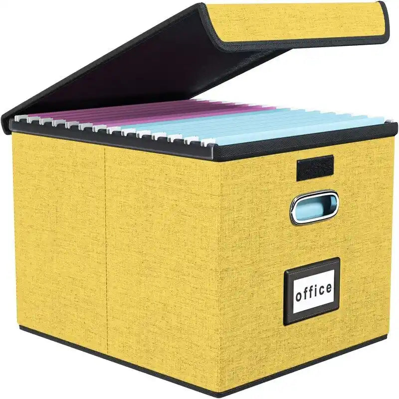 Boîte de rangement de documents en lin pliable avec rails de suspension et poignées métalliques
