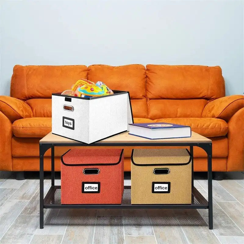 Boîte de rangement de documents en lin pliable avec rails de suspension et poignées métalliques