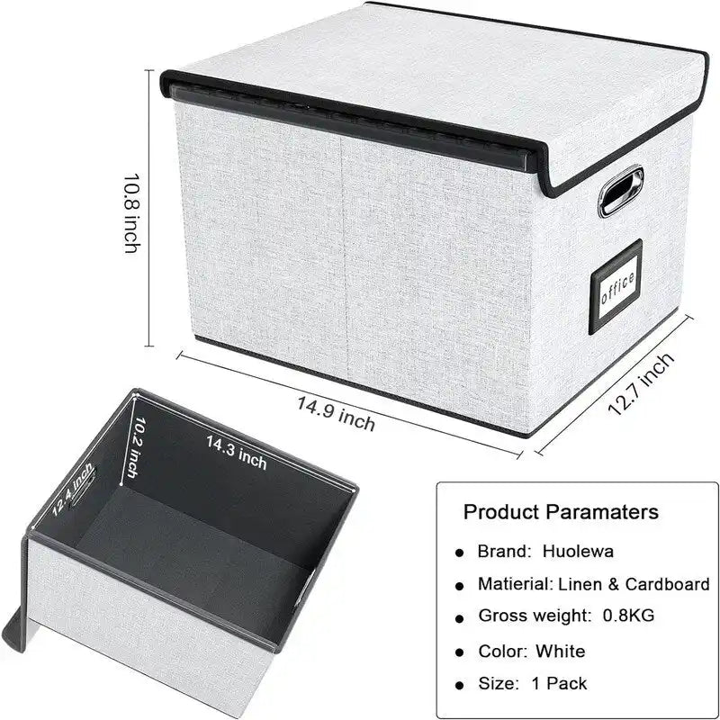 Boîte de rangement de documents en lin pliable avec rails de suspension et poignées métalliques