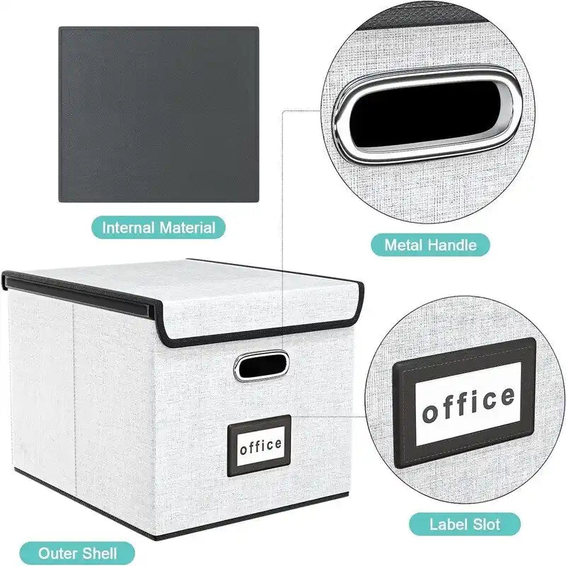 Boîte de rangement de documents en lin pliable avec rails de suspension et poignées métalliques