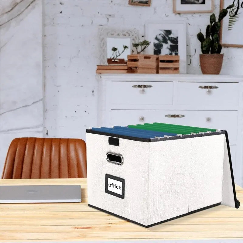 Boîte de rangement de documents en lin pliable avec rails de suspension et poignées métalliques