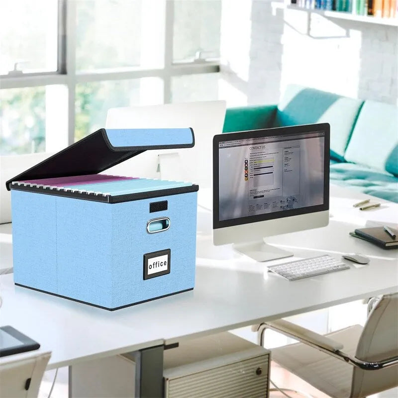 Boîte de rangement de documents en lin pliable avec rails de suspension et poignées métalliques