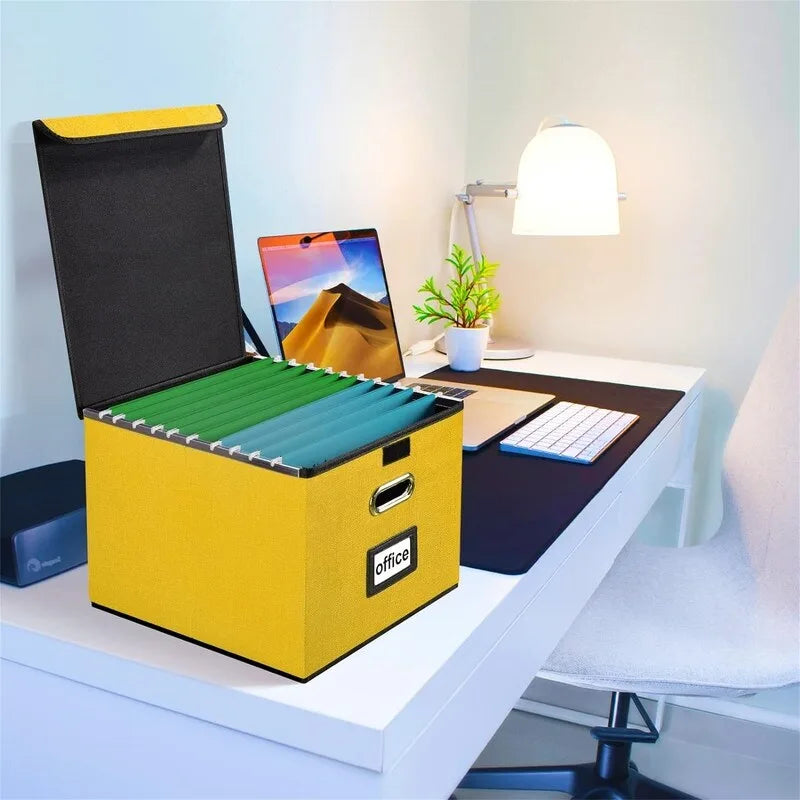 Boîte de rangement de documents en lin pliable avec rails de suspension et poignées métalliques