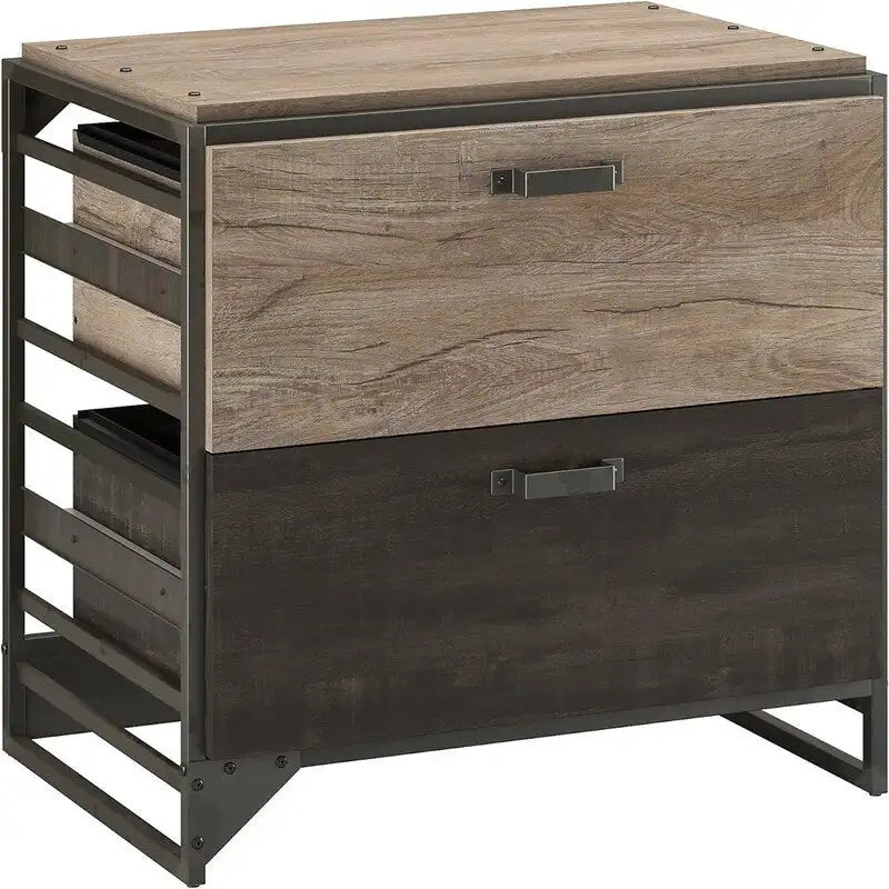 2-Drawer Lateral File Cabinet Rustic Gray Charred Wood Industrial Steel Frame