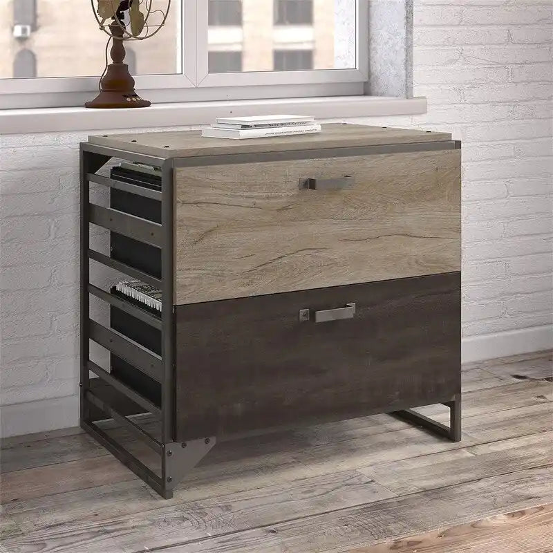 2-Drawer Lateral File Cabinet Rustic Gray Charred Wood Industrial Steel Frame