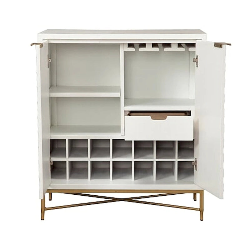 Meuble de bar à 2 portes nid d'abeille blanc avec pieds en métal doré en X
