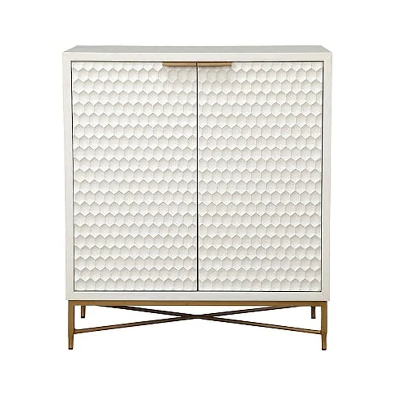 Meuble de bar à 2 portes nid d'abeille blanc avec pieds en métal doré en X