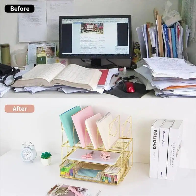 Organisateur de bureau en maille métallique dorée avec tiroir porte-documents et plateau plat