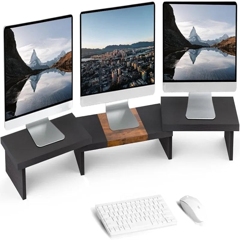 Support réglable triple écran avec étagère de rangement Noir Marron