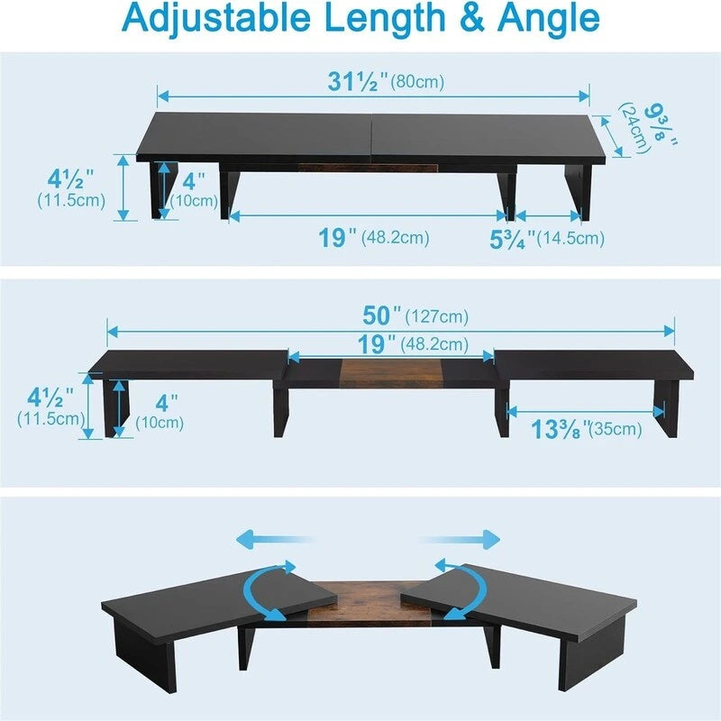 Support réglable triple écran avec étagère de rangement Noir Marron