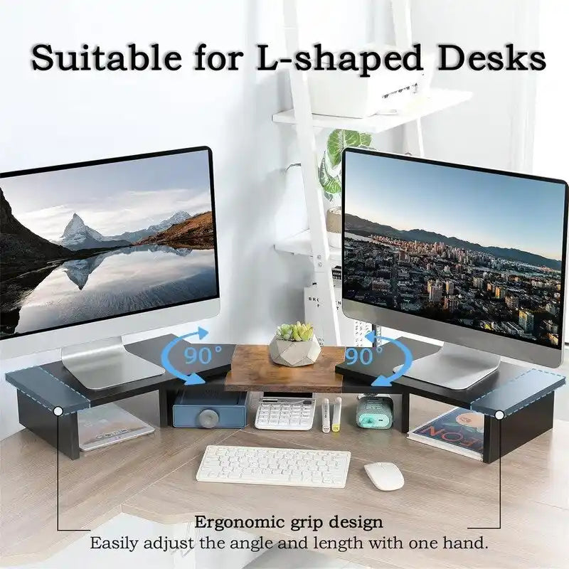 Support réglable triple écran avec étagère de rangement Noir Marron