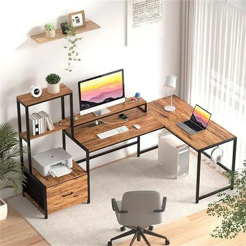 Bureau d'angle en L avec prises de courant, étagères de rangement et tiroir en tissu, Noyer et Noir
