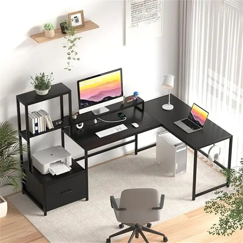 Bureau d'angle en L avec prises de courant, étagères de rangement et tiroir en tissu, Noyer et Noir