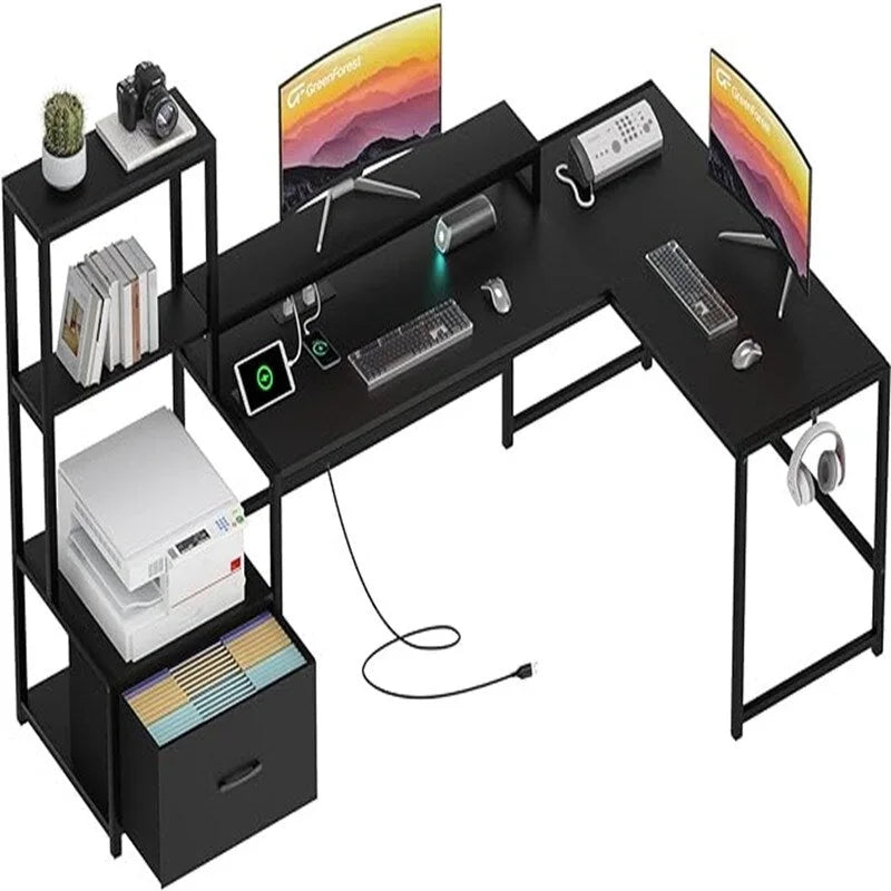 Bureau d'angle en L avec prises de courant, étagères de rangement et tiroir en tissu, Noyer et Noir